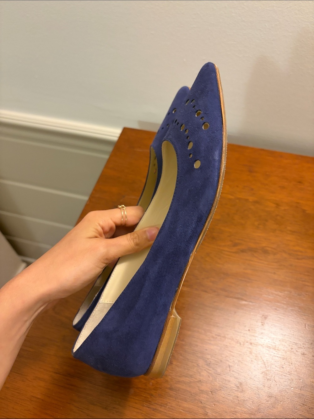 Butter Navy Suede Pointed Toe Perforated Flats - Picture 2 of 2